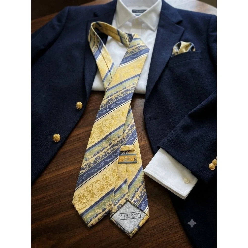 Steve Harvey Collection Mens Tie 100% Silk Gold Navy Blue Striped Floral Ornate